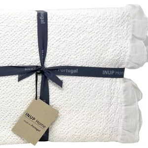 INUP Portugal QUEEN Gauze Ruffle Cotton Textured White Coverlet Shabby Chic NEW
